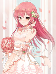 1girl absurdres bead_necklace beads blush bow breasts bride brown_eyes cleavage commentary_request commission dress floral_print flower hair_flower hair_ornament hand_up highres idolmaster idolmaster_cinderella_girls idolmaster_cinderella_girls_starlight_stage jewelry jougasaki_mika lace lace-trimmed_dress lace_trim long_hair medium_breasts necklace petals pink_dress pink_flower pink_rose pixiv_commission rose smile solo strapless strapless_dress striped_background sylph_kim white_bow wrist_cuffs yellow_flower