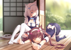 Rule 34 | 2girls, :3, absurdres, animal ear fluff, animal ears, black legwear, blue eyes, blush, breasts, brown hair, cat ears, cat stretch, cat tail, chocola (nekopara), closed eyes, commentary request, dress, hair ribbon, highres, long hair, maid, maid headdress, multiple girls, nekopara, no shoes, one eye closed, oniku (pixiv 28205308), open mouth, ribbon, short sleeves, sitting, slit pupils, small breasts, smile, stretching, tail, thighhighs, top-down bottom-up, twintails, vanilla (nekopara), white hair, white legwear