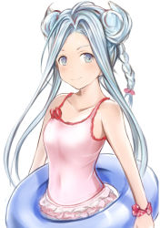 Rule 34 | 10s, 1girl, ahoge, bare shoulders, blue eyes, blue hair, blush, bow, braid, casual one-piece swimsuit, closed mouth, collarbone, copyright request, covered navel, double bun, frilled swimsuit, frills, granblue fantasy, hair bow, hair bun, holding, innertube, looking at viewer, lyria (granblue fantasy), matching hair/eyes, nannacy7, one-piece swimsuit, pink one-piece swimsuit, red bow, scrunchie, single braid, smile, solo, swim ring, swimsuit, tareme, upper body, wrist scrunchie