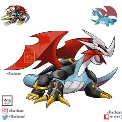 Rule 34 | artist name, blue skin, claws, colored skin, creatures (company), digimon, digimon (creature), dragon, fangs, fusion, game freak, gen 3 pokemon, grey background, highres, horns, imperialdramon, imperialdramon dragon mode, instagram logo, instagram username, nintendo, no humans, open mouth, patreon logo, pokemon, pokemon (creature), red eyes, red wings, salamence, simple background, tail, teeth, twitter logo, twitter username, villiam boom, watermark, wings