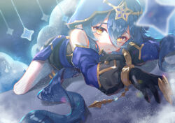 Rule 34 | 1girl, bare shoulders, black dress, black gloves, blue hair, blue hood, blue sleeves, claw ring, closed mouth, commentary request, detached sleeves, dress, genshin impact, gloves, gold trim, hair between eyes, harushio, highres, hood, hood up, layla (genshin impact), light particles, long bangs, long hair, long sleeves, looking at viewer, lying, on stomach, pants, pointy ears, puffy long sleeves, puffy sleeves, sidelocks, solo, thighlet, two-tone sleeves, very long hair, white pants, yellow eyes