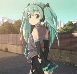 Rule 34 | 1girl, bad id, bad pixiv id, detached sleeves, domo1220, green eyes, green hair, hatsune miku, headphones, long hair, looking at viewer, looking back, matching hair/eyes, necktie, skirt, smile, solo, twintails, vocaloid
