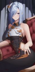 Rule 34 | 1girl, absurdres, ass, bare shoulders, blue hair, blush, bodysuit, breast curtain, breasts, chair, closed mouth, covered navel, genshin impact, gold trim, grey eyes, hair ornament, hair over one eye, highres, hip vent, large breasts, leaning to the side, light blue hair, long hair, looking at viewer, purple eyes, shenhe (genshin impact), sitting, solo, starblue, thighs
