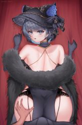Rule 34 | 1girl, absurdres, akiseiyokito 214, ass, azur lane, bare back, bare shoulders, black headwear, black panties, blue eyes, blue hair, cheshire (azur lane), cheshire (cait sith crooner) (azur lane), china dress, chinese clothes, detached collar, dress, feather boa, fedora, flower, from behind, gloves, hat, hat flower, highres, lace, lace-trimmed panties, lace trim, looking at viewer, looking back, multicolored hair, official alternate costume, panties, purple dress, purple flower, purple gloves, purple hair, two-tone hair, underwear
