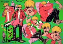 Rule 34 | 2boys, black pants, blonde hair, blood, blood from mouth, blood on face, bloody weapon, bread, chain, chainsaw, chainsaw man, chair, collarbone, denji (chainsaw man), dog, eating, envelope, eyepatch, food, furoagarinotomo, green background, green eyes, hair between eyes, jacket, kanji, long sleeves, multiple boys, nosebleed, one eye covered, pants, pink chair, pochita (chainsaw man), red jacket, scared, topless male, short hair, silhouette, sitting, sleeves past elbows, spitting, tongue, tongue out, watermark, weapon