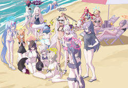 Rule 34 | &gt; &lt;, 1boy, 6+girls, ?, absurdly long hair, ahoge, akari (blue archive), ako (blue archive), alternate costume, alternate hairstyle, anger vein, animal ear fluff, animal ears, armpits, arms behind back, arms up, ayane (blue archive), ayane (swimsuit) (blue archive), azusa (blue archive), azusa (swimsuit) (blue archive), bare shoulders, beach, bead necklace, beads, belt, bikini, black bikini, black hair, black hairband, black one-piece swimsuit, black shirt, blue archive, blue eyes, blue hair, blush, blush stickers, breasts, buried, cat ears, chise (blue archive), chise (swimsuit) (blue archive), cleavage, closed eyes, closed mouth, collarbone, commentary request, competition swimsuit, cup, dark skin, demon horns, demon wings, drinking glass, eyewear on head, flip-flops, flower, flying sweatdrops, fox ears, fox tail, frilled one-piece swimsuit, frills, from above, from behind, full body, green eyes, grey background, grey hair, hair between eyes, hair flower, hair ornament, hairband, hairclip, halo, haruna (blue archive), haruna (swimsuit) (blue archive), heart, highres, hina (blue archive), hina (swimsuit) (blue archive), holding, holding cup, holding sword, holding weapon, horns, hoshino (blue archive), hoshino (swimsuit) (blue archive), iori (blue archive), iori (swimsuit) (blue archive), izumi (blue archive), izumi (swimsuit) (blue archive), jewelry, junko (blue archive), kneeling, large breasts, long hair, looking at another, lying, mari (blue archive), mari (swimsuit) (blue archive), mismatched pupils, multi-strapped bikini bottom, multiple girls, navel, necklace, nonomi (blue archive), nonomi (swimsuit) (blue archive), ocean, octopus, off-shoulder bikini, off shoulder, on back, on stomach, one-piece swimsuit, orange hair, own hands clasped, own hands together, parasol, pink hair, ponytail, puff of air, purple eyes, purple hair, red bikini, red eyes, sandals, school swimsuit, sensei (blue archive), serika (blue archive), serika (swimsuit) (blue archive), shaded face, shiroko (blue archive), shiroko (swimsuit) (blue archive), shirt, short sleeves, side-tie bikini bottom, sidelocks, sitting, smile, spaghetti strap, squatting, squiggle, standing, stomach, striped bikini, striped clothes, sunglasses, sweatdrop, swimsuit, sword, tail, thighlet, tonomiya68, top-down bottom-up, trapped, twintails, two side up, umbrella, very long hair, wakamo (blue archive), wakamo (swimsuit) (blue archive), walking, wariza, weapon, white bikini, wings, wooden sword, yellow bikini, yellow eyes, yuuka (blue archive)