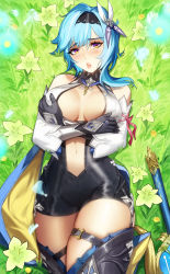 Rule 34 | 1girl, bare shoulders, black gloves, black hairband, black shorts, blue cape, blue flower, blue hair, blush, breasts, butterfly hair ornament, cape, cleavage, crossed arms, detached sleeves, eula (genshin impact), flower, genshin impact, gloves, grass, hair between eyes, hair ornament, hairband, hand on own chest, highres, ja mong, large breasts, looking at viewer, lying, medium hair, midriff, multicolored eyes, navel, on back, open mouth, outdoors, purple eyes, short shorts, shorts, skindentation, solo, thick thighs, thigh strap, thighs, two-tone cape, white sleeves, yellow cape, yellow eyes, yellow flower
