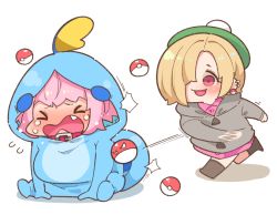 Rule 34 | 2girls, blonde hair, blue hair, blush, boots, breasts, chibi, closed eyes, collar, collared dress, cosplay, creatures (company), crossover, crying, dress, ear piercing, earrings, fang, game freak, gen 1 pokemon, gen 8 pokemon, gloria (pokemon), gloria (pokemon) (cosplay), green headwear, grey sweater, hair intakes, hat, hood, hood down, hood up, hooded sweater, idolmaster, idolmaster cinderella girls, jewelry, large breasts, leg up, long sleeves, looking at another, motion lines, multicolored hair, multiple girls, nintendo, nose blush, on floor, open mouth, piercing, pink collar, pink dress, pink hair, poke ball, poke ball (basic), poke ball earrings, pokemon, pokemon swsh, red eyes, shadow, shirasaka koume, simple background, sitting, smile, sobble, sobble (cosplay), spread legs, standing, standing on one leg, sweater, takato kurosuke, tears, throwing, throwing poke ball, two-tone hair, voltorb, wavy mouth, white background, yumemi riamu