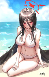 Rule 34 | 1girl, artist name, beach, bikini, black hair, black wings, blue archive, blue sky, breasts, cleavage, cloud, dated, day, full body, halo, hasumi (blue archive), highres, kimchi (user mpzz8457), large breasts, long hair, looking at viewer, navel, ocean, outdoors, parted lips, red eyes, sand, sitting, sky, solo, swimsuit, thighs, very long hair, water, wet, white bikini, wings