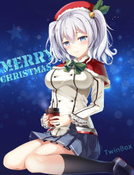 Rule 34 | 10s, 1girl, bad id, bad pixiv id, bell, blush, breasts, capelet, cup, grey eyes, hair bell, hair ornament, hat, highres, kantai collection, kashima (kancolle), long sleeves, looking at viewer, merry christmas, military, pleated skirt, santa hat, silver hair, sitting, skirt, smile, solo, sousouman, star (symbol), teacup, wariza