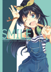 Rule 34 | 1girl, ;d, animal, animal on shoulder, arm up, black hair, blue eyes, bracelet, cover, cover page, crop top, earrings, fang, food, ganaha hibiki, hair ribbon, hamster, hamuzou, headphones, headphones around neck, idolmaster, idolmaster (classic), jewelry, long hair, one eye closed, open mouth, overalls, ponytail, popsicle, ribbon, shirt, smile, solo, strap slip, striped clothes, striped shirt, t-okada, tank top, wink