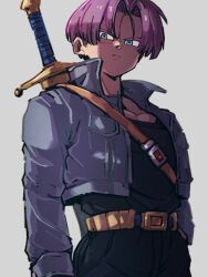 Rule 34 | 1boy, belt, belt buckle, black pants, black shirt, blue eyes, blue jacket, buckle, closed mouth, dragon ball, dragonball z, grey background, jacket, kemachiku, long sleeves, looking at viewer, male focus, open clothes, open jacket, pants, purple hair, serious, shirt, simple background, solo, sword, trunks (dragon ball), trunks (future) (dragon ball), upper body, weapon, yellow belt