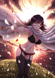 Rule 34 | 1girl, adsouto, black hair, black thighhighs, blush, bra, breasts, cape, cleavage, cloak, cloud, facing viewer, garter belt, gradient hair, grass, grey eyes, hand out, happy, highres, hood, hooded cloak, large breasts, lingerie, looking at viewer, mature female, medium hair, midriff, multicolored hair, navel, outdoors, outstretched arm, panties, parted lips, petals, reaching, reaching towards viewer, red hair, rose petals, rwby, short hair, sky, smile, standing, summer rose, sunset, thighhighs, two-tone hair, underwear, water, white cape, white cloak