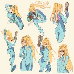 Rule 34 | 1girl, absurdres, ass, blonde hair, blue eyes, bodysuit, breasts, commentary, covered navel, english commentary, full body, gun, highres, long hair, looking at viewer, medium breasts, metroid, metroid (creature), mole, mole under mouth, multiple views, nintendo, oxcoxa, ponytail, samus aran, sidelocks, skin tight, weapon, zero suit