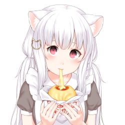 Rule 34 | 1girl, animal ears, cat ears, cat girl, collarbone, commission, eating, food, hair ornament, highres, holding, holding food, looking at viewer, original, pink eyes, puffy short sleeves, puffy sleeves, short sleeves, solo, susukitten, transparent background, upper body, white hair