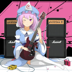 Rule 34 | 1girl, amplifier, bad proportions, breasts, electric guitar, female focus, guitar, haseneko, hat, instrument, japanese clothes, marshall, mira, obi, one eye closed, pink hair, plectrum, ribbon, saigyouji yuyuko, sash, short hair, signature, sitting, smile, solo, thighhighs, touhou, triangular headpiece, white thighhighs, wide sleeves, wink