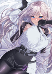 Rule 34 | 1girl, absurdres, armpits, arms up, bare shoulders, bed sheet, belt, black belt, black pantyhose, black skirt, blue eyes, blush, breasts, buckle, cecil (nikke), closed mouth, coat, commentary, goddess of victory: nikke, grey hair, highres, large breasts, long hair, looking at viewer, lying, nose blush, on back, open clothes, open coat, pantyhose, poohkawa 77, shadow, shirt, shirt tucked in, skirt, sleeveless, sleeveless shirt, snap-fit buckle, solo, swept bangs, tented shirt, two-tone skirt, white coat, white shirt, white skirt
