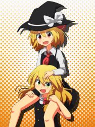 Rule 34 | 2girls, :d, blonde hair, bow, braid, carrying, cato (monocatienus), green eyes, hair bow, halftone, halftone background, hand on another&#039;s head, hat, hat bow, unworn hat, unworn headwear, highres, kirisame marisa, long hair, looking at viewer, multiple girls, open mouth, red eyes, rumia, short hair, shoulder carry, side braid, sitting, sitting on person, smile, touhou, witch hat