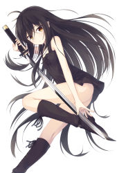 Rule 34 | 1girl, animal ears, ass, bare arms, bare shoulders, black dress, black footwear, black hair, black ribbon, boots, cross-laced footwear, dress, eyes visible through hair, fighting stance, from side, highres, holding, holding sword, holding weapon, katana, kneehighs, lace-up boots, leg up, long hair, nagishiro mito, original, ribbon, simple background, sleeveless, sleeveless dress, socks, solo, standing, standing on one leg, sword, unsheathed, very long hair, weapon, white background, yellow eyes