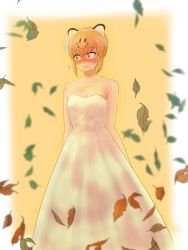 Rule 34 | 10s, 1girl, alternate costume, alternate hairstyle, animal ears, bare arms, bare shoulders, blonde hair, blush, commentary request, dejzs, dress, flower, flying sweatdrops, hair flower, hair ornament, hair up, jaguar (kemono friends), jaguar ears, kemono friends, looking to the side, multicolored hair, nose blush, short hair, solo, strapless, wedding dress, yellow eyes
