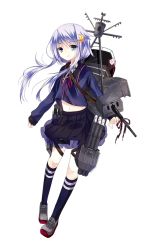 Rule 34 | 10s, 1girl, blue eyes, crescent, crescent hair ornament, full body, hair ornament, kantai collection, kusada souta, long hair, long sleeves, looking at viewer, navel, neckerchief, official art, personification, pleated skirt, purple hair, school uniform, short hair with long locks, skirt, solo, transparent background, white background, yayoi (kancolle)