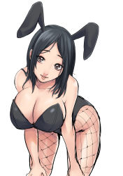 Rule 34 | absurdres, animal ears, bare shoulders, black hair, breasts, brown eyes, cleavage, fake animal ears, hands on own knees, highres, large breasts, leaning forward, leotard, miura hajime, original, pantyhose, parted lips, playboy bunny, rabbit ears, simple background, smile, solo, thighs, white background