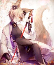 Rule 34 | animal ears, anklet, backless outfit, bad id, bad twitter id, barefoot, blonde hair, collar, elbow gloves, feet, fox ears, fox tail, gloves, granblue fantasy, hair ornament, highres, jewelry, kogome (azalea4), kou (granblue fantasy), long hair, looking at viewer, male focus, nail polish, skin tight, smile, solo, sword, tail, toenail polish, toenails, weapon, yellow eyes