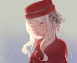 Rule 34 | 1girl, blue eyes, blurry, buttons, closed mouth, coat, depth of field, grey background, hair between eyes, hat, highres, kureihii, light particles, long hair, looking down, nose, nostrils, original, purple eyes, red coat, red hat, sidelighting, simple background, smile, solo, upper body, white hair