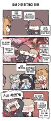 Rule 34 | 2boys, 3girls, 4koma, = =, @ (symbol), @ @, aged down, ahoge, anger vein, animal hood, arms up, assault rifle, bear hood, black hair, blonde hair, blue eyes, blush, bow, bowtie, breasts, brown hair, brown jacket, bullpup, chibi, clip studio paint (medium), closed eyes, comic, cosplay, double bun, dress, expectations/reality, eyewear on head, faceless, faceless male, girls&#039; frontline, gloves, green eyes, gun, hair bun, hairband, hand on own chin, hand up, hands on own head, highres, holding, holding stuffed toy, hood, jacket, kalina (girls&#039; frontline), kalina (girls&#039; frontline) (cosplay), korean text, long hair, long sleeves, madcore, multiple boys, multiple girls, neck ribbon, official alternate costume, official art inset, open mouth, orange hair, ots-14 (girls&#039; frontline), ots-14 groza, own hands together, p90 (girls&#039; frontline), px4 storm (girls&#039; frontline), px4 storm (guardian of hibernation dreams) (girls&#039; frontline), qbz-95, red bow, red bowtie, red ribbon, ribbon, rifle, school uniform, sharp teeth, side ponytail, sigh, small breasts, stroking own chin, stuffed toy, sweatdrop, teeth, translation request, triangle mouth, type 95 (girls&#039; frontline), type 95 (kite flyer in spring) (girls&#039; frontline), u u, upper teeth only, very long hair, waving, weapon, white dress, white hairband