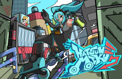 Rule 34 | 1girl, absurdres, bandaid, bandaid on face, black gloves, black skirt, black thighhighs, blue lips, can, character name, city, commentary, detached sleeves, english commentary, eyelashes, gloves, grey shirt, hatsune miku, highres, holding, holding can, jarzard, jet set radio, lipstick, long hair, makeup, parody, railing, roller skates, shirt, shoulder tattoo, skates, skirt, solo, spray can, style parody, tattoo, thighhighs, twintails, vocaloid, water tower