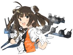 Rule 34 | 1girl, antenna hair, bad id, bad twitter id, black neckerchief, brown eyes, brown hair, buttons, cannon, cropped torso, double-breasted, double bun, hair bun, highres, kantai collection, machinery, microphone, naka (kancolle), naka kai ni (kancolle), neckerchief, open mouth, puffy short sleeves, puffy sleeves, round teeth, sailor collar, school uniform, serafuku, shishamo (domado), short sleeves, simple background, smile, solo, teeth, thighhighs, turret, upper body, upper teeth only, white background, white sailor collar