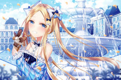 Rule 34 | 1girl, abigail williams (fate), absurdres, bare shoulders, black bow, blonde hair, blue bow, blue dress, blue eyes, blue sky, blurry, blurry foreground, blush, bow, building, cloud, commentary, day, depth of field, dress, fate/grand order, fate (series), food, forehead, fountain, grin, hair bow, highres, holding, holding food, ice cream, ice cream cone, junpaku karen, long hair, long sleeves, multiple hair bows, off-shoulder dress, off shoulder, outdoors, parted bangs, petals, sky, sleeves past wrists, smile, soft serve, solo, symbol-only commentary, very long hair, water, white bow