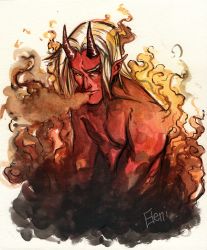 Rule 34 | 1boy, colored skin, dc comics, eddie bloomberg, highres, horns, kid devil, looking at viewer, male focus, pointy ears, red skin, topless male, smoke, solo, white hair