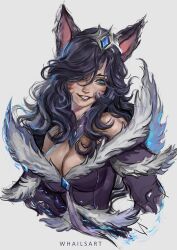 Rule 34 | 1girl, ahri (league of legends), alternate hairstyle, animal ears, black hair, blue eyes, breasts, cleavage, cropped torso, detached collar, facial mark, fangs, fox ears, fur collar, highres, large breasts, league of legends, long hair, looking at viewer, midnight ahri, smile, solo, strapless, tiara, whails, whisker markings, yellow eyes
