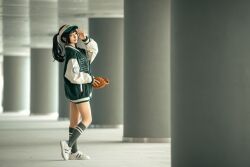 Rule 34 | 1girl, asian, baseball glove, black hair, chinese (nationality), chunmomo0127, green jacket, green socks, jacket, looking at viewer, medium hair, naked jacket, no pants, oversized clothes, oversized jacket, real life, shoes, smile, sneakers, socks, standing, thighs, twintails, white footwear