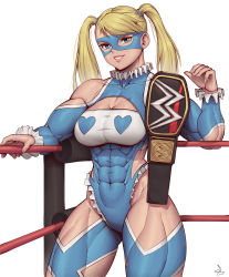 Rule 34 | 1girl, abs, absurdres, blonde hair, blue eyes, blue leotard, breasts, broad shoulders, cleavage, clothing cutout, collar, frilled collar, frilled leotard, frills, hair pulled back, highres, large breasts, leotard, long hair, mask, muscular, muscular arms, muscular legs, rainbow mika, shoulder cutout, simple background, smile, solo, speedl00ver, standing, street fighter, thick thighs, thighs, twintails, white background, wrestling outfit, wrestling ring, wwe