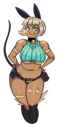 Rule 34 | 1girl, animal ears, bare back, bell, neck bell, belly, belt, belt pouch, blue eyes, bob cut, breasts, cat ears, cat tail, collar, curvy, dark skin, dark-skinned female, drawfag, fangs, fingerless gloves, gloves, hands on own hips, large breasts, midriff, ms. fortune (skullgirls), navel, pouch, scar, short hair, silver hair, skullgirls, slit pupils, solo, tail, thick thighs, thighs, underboob, wide sleeves
