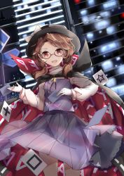 Rule 34 | 1girl, absurdres, brown eyes, brown hair, building, cape, city lights, dutch angle, glasses, gloves, hat, hat ribbon, highres, kekkai, long sleeves, looking at viewer, low twintails, open mouth, plaid, plaid skirt, plaid vest, red-framed eyewear, ribbon, shirt, short hair, skirt, skirt set, smile, solo, touhou, twintails, upskirt, usami sumireko, vest, white gloves, zener card