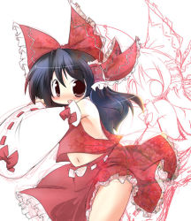 Rule 34 | 1girl, bare shoulders, detached sleeves, female focus, hakurei reimu, long hair, long sleeves, looking at viewer, lowres, muuba, navel, red eyes, red skirt, ribbon-trimmed sleeves, ribbon trim, simple background, skirt, solo, thighs, touhou, vest, white background, zoom layer