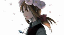 Rule 34 | 1girl, brown eyes, brown hair, commentary, flower, hair flower, hair ornament, hair ribbon, holly (monster farm), jewelry, long hair, low ponytail, monster farm, nathan stefv, necklace, petals, ribbon, sidelocks, solo, upper body