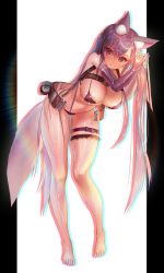 Rule 34 | 1girl, animal ear fluff, animal ears, annie (destiny child), armpit crease, bare shoulders, barefoot, belt, bent over, bikini, breasts, cleavage, clothing cutout, destiny child, elbow gloves, fingerless gloves, fox ears, fox girl, fox tail, full body, gloves, heart cutout, highres, large breasts, latex, latex gloves, leg belt, long hair, looking at viewer, myabit, nail polish, navel, parted lips, pillarboxed, purple bikini, purple hair, red eyes, solo, standing, stomach, strap, string bikini, swimsuit, tail, thigh strap, thighs, tying hair, very long hair, wet
