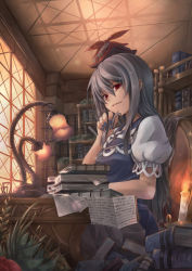 Rule 34 | 1girl, arkas, blue nails, book, candle, chair, desk, female focus, hat, kamishirasawa keine, long hair, nail polish, paper, red eyes, ribbon, room, silver hair, sitting, smile, solo, touhou, window