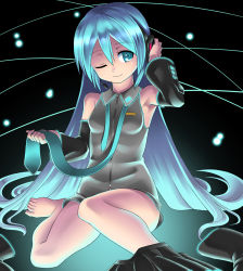 Rule 34 | 1girl, aqua eyes, aqua hair, armpits, bad id, bad pixiv id, bare shoulders, barefoot, bottomless, breasts, hair down, hatsune miku, headphones, long hair, necktie, one eye closed, orochi itto, skirt, solo, twintails, undressing, vocaloid, wink, zipper