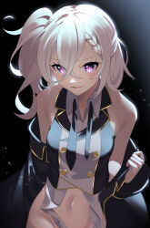 Rule 34 | 1girl, absurdres, azur lane, bare shoulders, black background, black coat, black necktie, blush, braid, buttons, coat, groin, hair between eyes, hand up, highres, long bangs, long hair, looking at viewer, military uniform, navel, necktie, off shoulder, one side up, parted lips, partially undressed, purple eyes, sashiro koma, smile, solo, stomach, uniform, white hair, z1 leberecht maass (azur lane), z1 leberecht maass (retrofit) (azur lane)