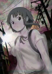 Rule 34 | 1girl, 9so (ponchon), asymmetrical hair, backpack, bag, brown hair, expressionless, greyscale, hair ornament, hairclip, highres, iwakura lain, looking at viewer, monochrome, neck ribbon, outdoors, power lines, ribbon, school uniform, serial experiments lain, short hair, short sleeves, solo, upper body