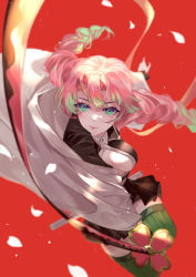 Rule 34 | 1girl, black jacket, black skirt, braid, breasts, cleavage, collared shirt, dress shirt, floating hair, green eyes, green hair, green thighhighs, highres, holding, holding sword, holding weapon, jacket, kanroji mitsuri, kimetsu no yaiba, long hair, long sleeves, looking at viewer, medium breasts, miniskirt, mole, mole under eye, multicolored hair, open clothes, open jacket, outstretched arms, partially unbuttoned, petals, pink hair, pleated skirt, red background, scabbard, sheath, shirt, simple background, skirt, solo, striped clothes, striped thighhighs, sword, thighhighs, twin braids, two-tone hair, unbuttoned, unbuttoned shirt, vardan, vertical-striped clothes, vertical-striped thighhighs, very long hair, weapon, white shirt, wing collar, zettai ryouiki
