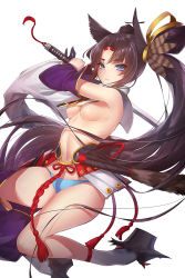 Rule 34 | 1girl, armor, asymmetrical sleeves, black hair, black hat, blue eyes, blue panties, breasts, cleavage, clog sandals, commentary request, detached sleeves, fate/grand order, fate (series), hair ornament, hat, holding, holding sword, holding weapon, japanese armor, katana, kusazuri, long hair, medium breasts, mismatched sleeves, navel, okobo, panties, parted bangs, parted lips, pom pom (clothes), revealing clothes, sandals, simple background, socks, solo, sword, thick eyebrows, thighs, tsurime, underboob, underwear, ushiwakamaru (fate), very long hair, weapon, white background, white socks, yaman (yamanta lov)