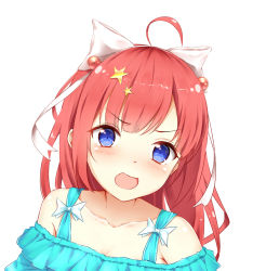 Rule 34 | 1girl, :d, ahoge, animal ears, bare shoulders, blue eyes, blue shirt, blush, bow, collarbone, commentary request, dutch angle, hair bow, hair ornament, han (hehuihuihui), head tilt, long hair, off-shoulder shirt, off shoulder, open mouth, original, red hair, shirt, simple background, smile, solo, star (symbol), star hair ornament, v-shaped eyebrows, white background, white bow, wolf ears