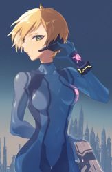 Rule 34 | 1girl, blonde hair, blue eyes, blush, bodysuit, breasts, large breasts, looking at viewer, metroid, metroid: other m, miri (cherryjelly), mole, mole under mouth, nintendo, samus aran, short hair, simple background, skin tight, solo, weapon, aged down, zero suit