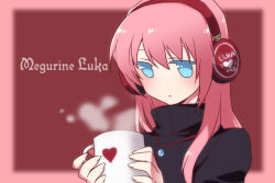 Rule 34 | bad id, bad pixiv id, blue eyes, blush, cup, headphones, heart, jewelry, long hair, manle, megurine luka, mug, necklace, pink hair, solo, turtleneck, vocaloid
